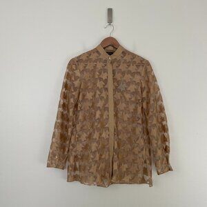 Akris Embroidered Mesh Button Down Shirt in Brown Multi Size 4